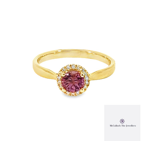 9CT PINK TOURMALINE HALO DIAMOND RING